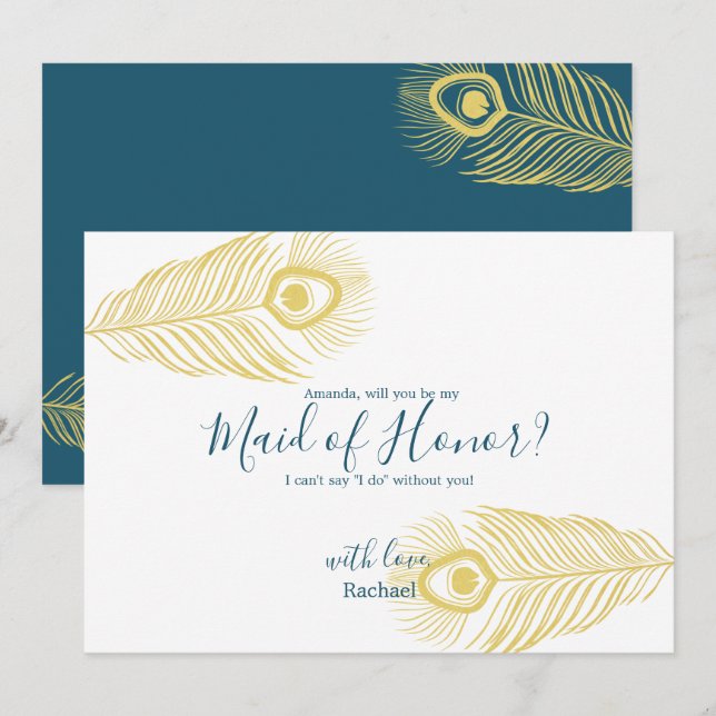 Elegant Gold Peacock Be My Maid of Honor Card (Front/Back)
