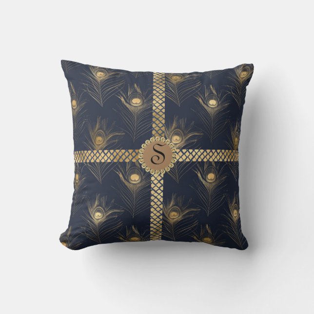Elegant Gold Peacock Blue Monogram Bling Glam Throw Pillow (Front)