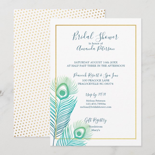 Elegant Gold Peacock Bridal Shower Invitations (Front/Back)
