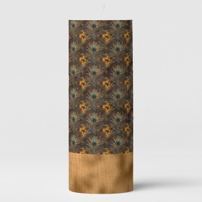 Elegant Gold Peacock Chic Stylish Pretty Pillar Candle (Front)