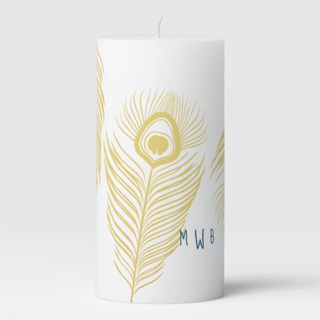 Elegant Gold Peacock Feathers Monogram Candle (Front)