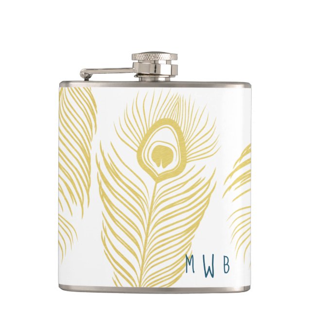 Elegant Gold Peacock Feathers Monogram Flask (Front)