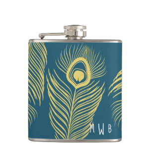 Elegant Gold Peacock Feathers Monogram Flask