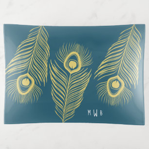 Elegant Gold Peacock Feathers Monogram Tray