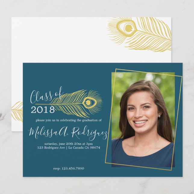 Elegant Gold Peacock Graduation Announcement (Front/Back)