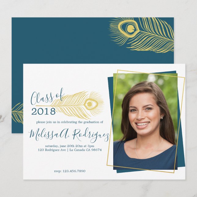 Elegant Gold Peacock Graduation Announcement (Front/Back)