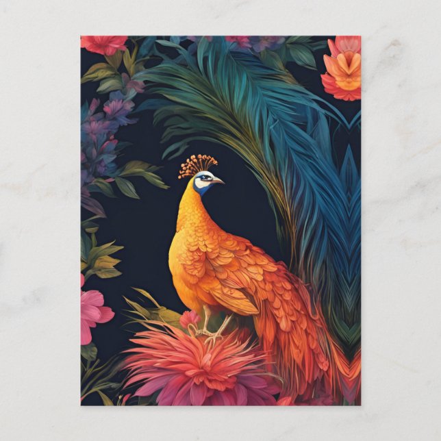 Elegant  Gold Peacock in Colorful Garden Postcard (Front)