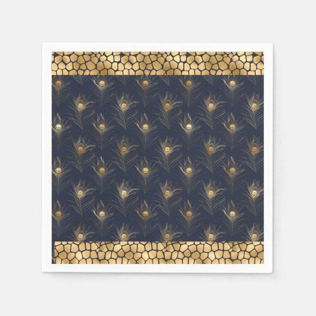 Elegant Gold Peacock Navy Blue Print Stylish Napkins (Front)