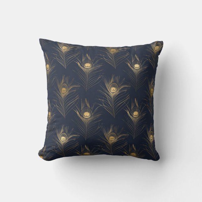 Elegant Gold Peacock Navy Blue  Print Stylish Throw Pillow (Front)