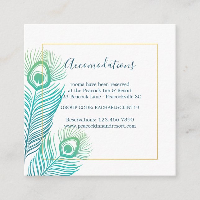 Elegant Gold Peacock Wedding Hotel Accomodations Enclosure Card (Front)