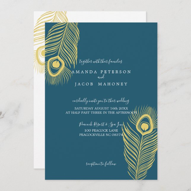 Elegant Gold Peacock Wedding Invitations (Front/Back)