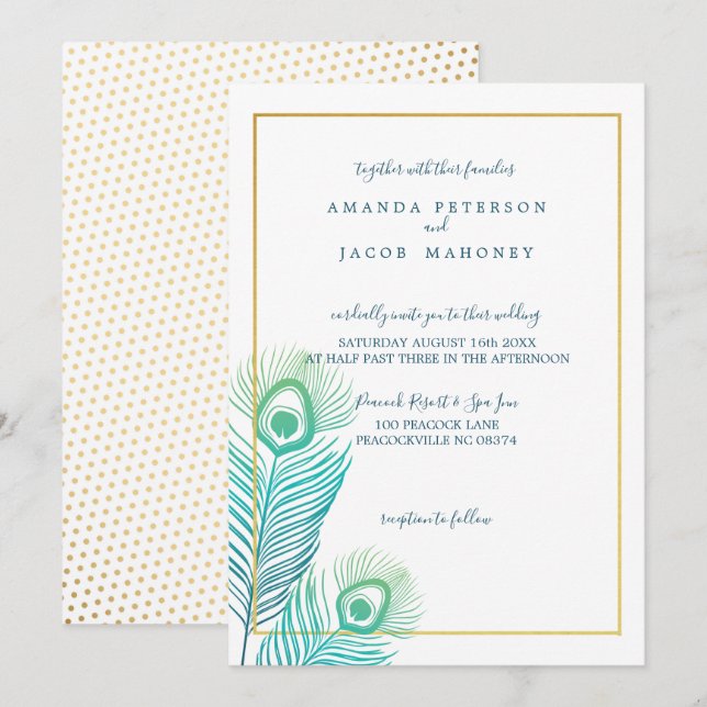 Elegant Gold Peacock Wedding Invitations (Front/Back)