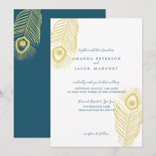 Elegant Gold Peacock Wedding Invitations (Front/Back)