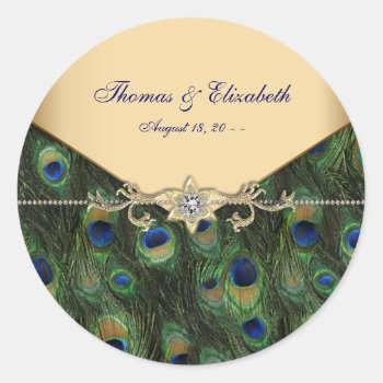 Elegant Gold Peacock Wedding Invitations Classic Round Sticker by decembermorning at Zazzle