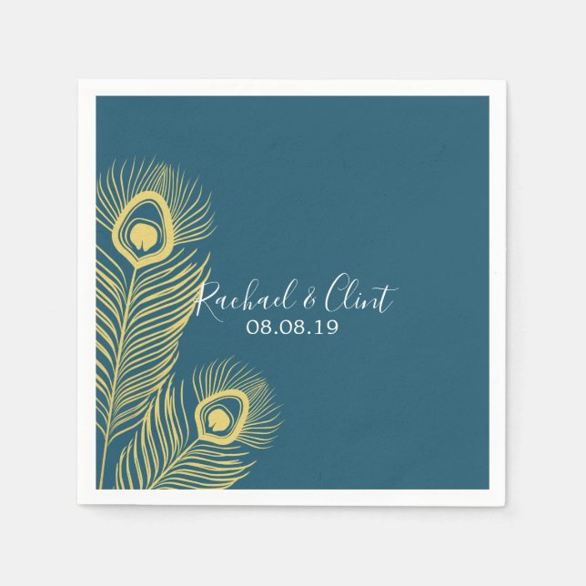 Elegant Gold Peacock Wedding Party Paper Napkins (Front)