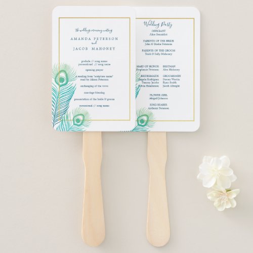 Elegant Gold Peacock Wedding Program Hand Fan