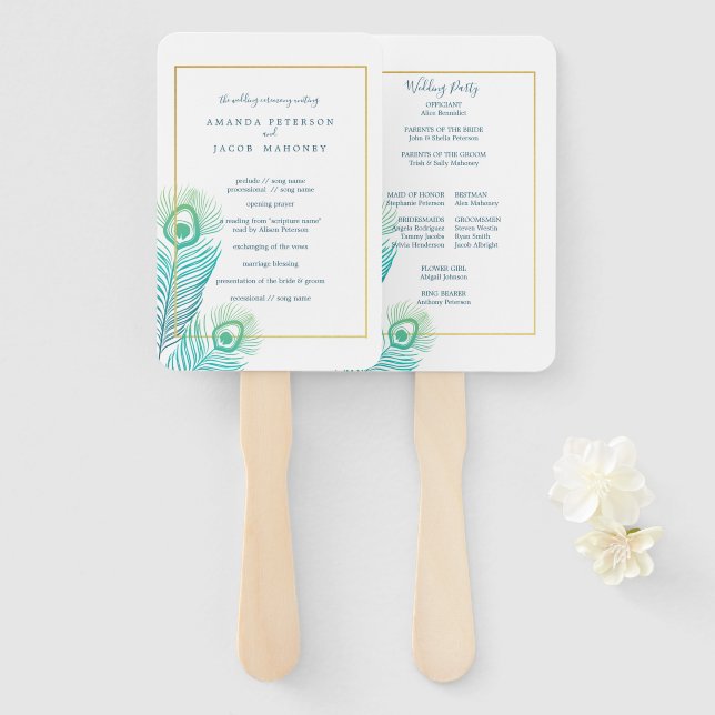 Elegant Gold Peacock Wedding Program Hand Fan (Front and Back)