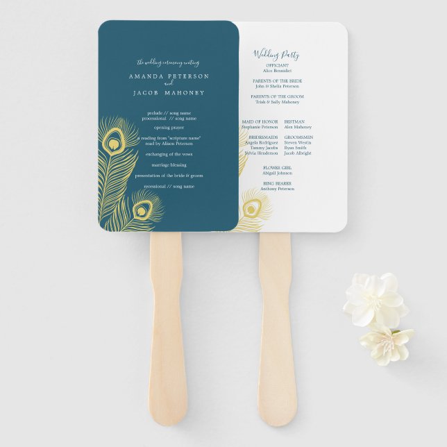 Elegant Gold Peacock Wedding Program Hand Fan (Front and Back)