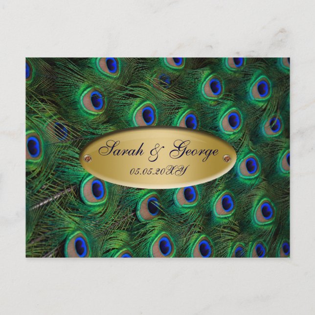 elegant gold peacock wedding RSVP Invitation Postcard (Front)