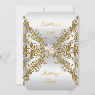 Elegant Gold Pearl Jewel Silver Birthday Party Invitation