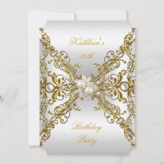 Elegant Gold Pearl Jewel Silver Birthday Party Invitation