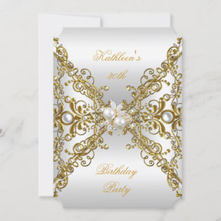 Elegant Gold Pearl Jewel Silver Birthday Party Invitation