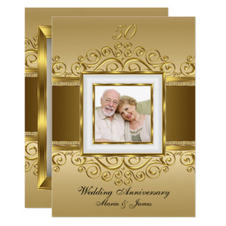 Elegant Gold & Pearl Swirl Photo 50 Anniversary Invitation