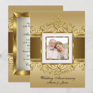 Elegant Gold & Pearl Swirl Photo 50 Anniversary Invitation