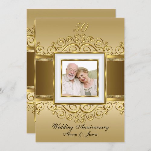 Elegant Gold  Pearl Swirl Photo 50 Anniversary Invitation