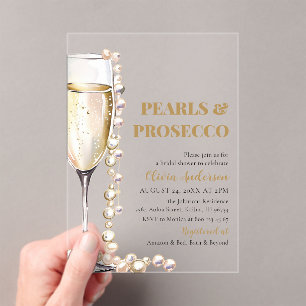 Elegant Gold Pearls and Prosecco Bridal Shower Acrylic Invitations