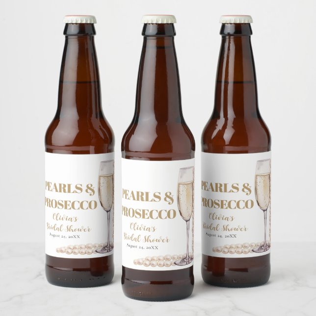 Elegant Gold Pearls and Prosecco Bridal Shower Beer Bottle Label (Bottles)