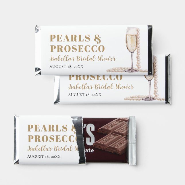 Elegant Gold Pearls and Prosecco Bridal Shower Hershey Bar Favors (Front)