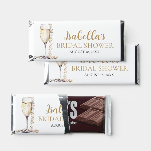 Elegant Gold Pearls and Prosecco Bridal Shower Hershey Bar Favors (Front)