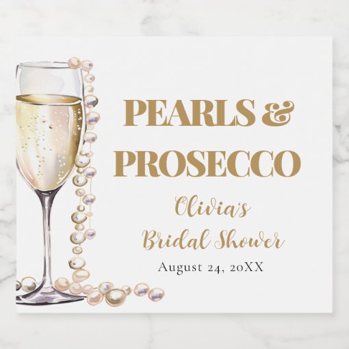 Elegant Gold Pearls and Prosecco Bridal Shower Liquor Bottle Label | Zazzle