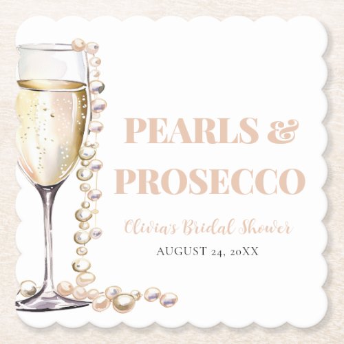 Elegant Gold Pearls and Prosecco Bridal Shower Paper Coaster