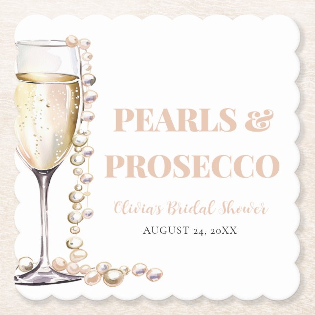 Elegant Gold Pearls and Prosecco Bridal Shower Paper Coaster (Front)