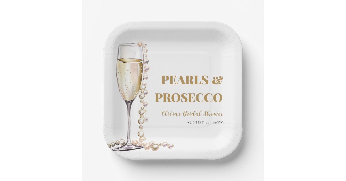 Elegant Gold Pearls and Prosecco Bridal Shower Paper Plates | Zazzle