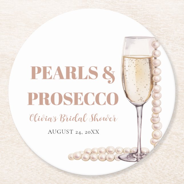 Elegant Gold Pearls and Prosecco Bridal Shower Round Paper Coaster (Front)