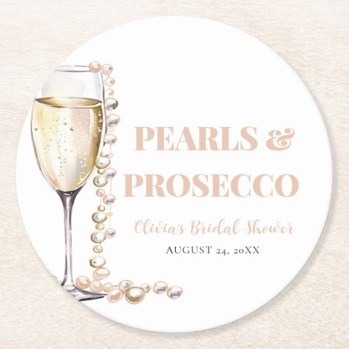 Elegant Gold Pearls and Prosecco Bridal Shower Round Paper Coaster
