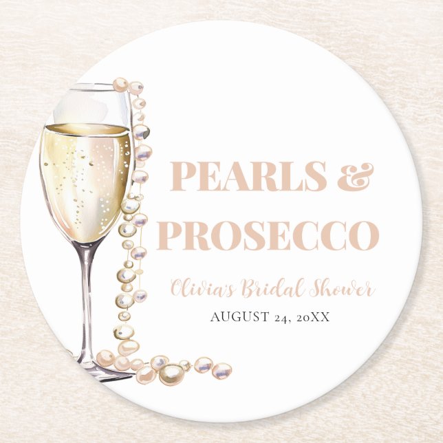 Elegant Gold Pearls and Prosecco Bridal Shower Round Paper Coaster (Front)