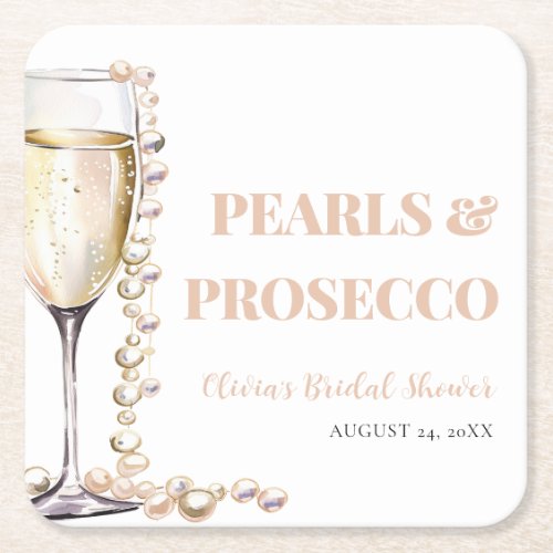 Elegant Gold Pearls and Prosecco Bridal Shower Square Paper Coaster