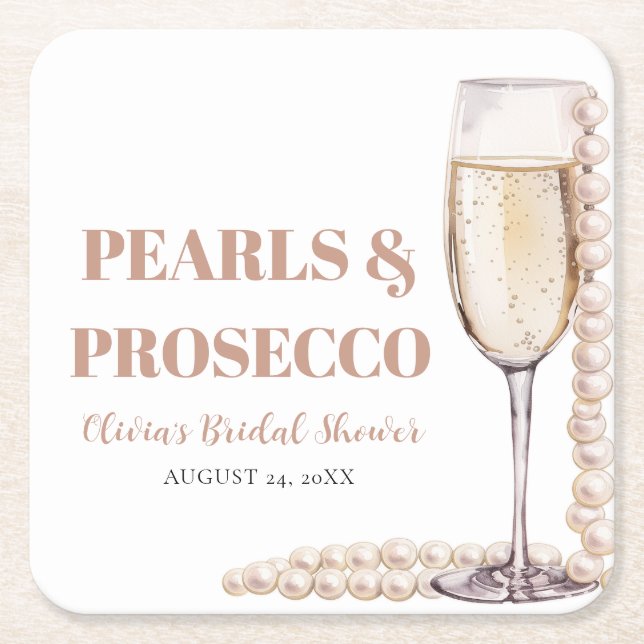 Elegant Gold Pearls and Prosecco Bridal Shower Square Paper Coaster (Front)