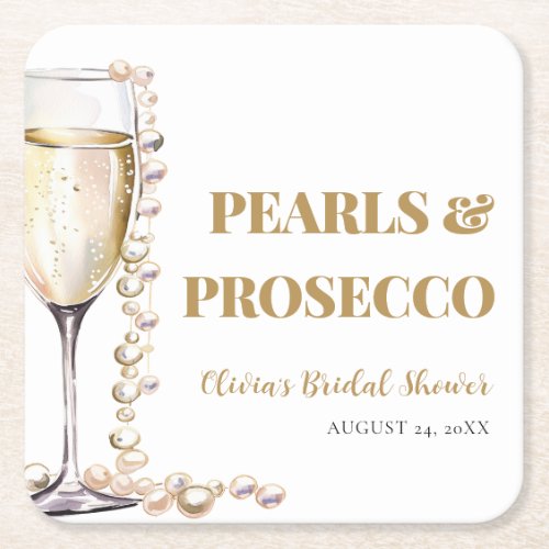 Elegant Gold Pearls and Prosecco Bridal Shower Square Paper Coaster
