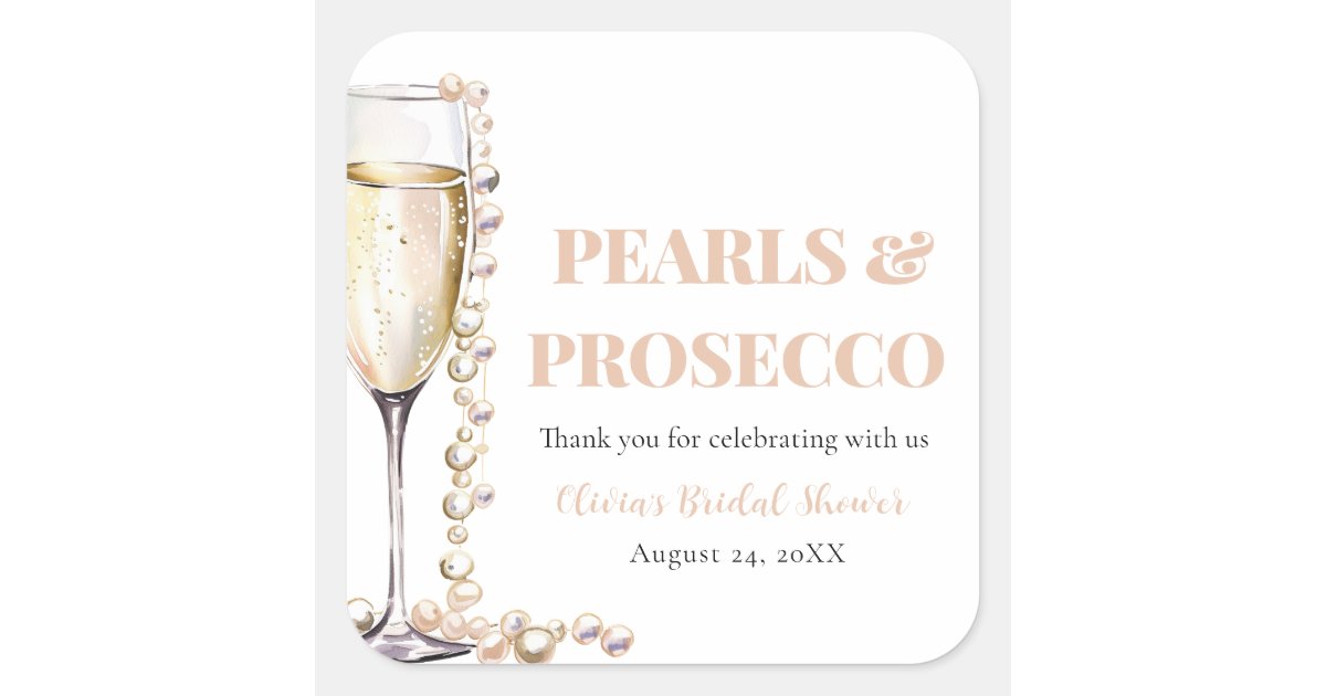 Elegant Gold Pearls and Prosecco Bridal Shower Square Sticker | Zazzle
