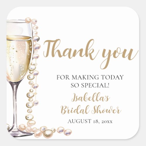 Elegant Gold Pearls and Prosecco Bridal Shower Square Sticker