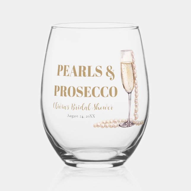 Elegant Gold Pearls and Prosecco Bridal Shower Stemless Wine Glass (Front)