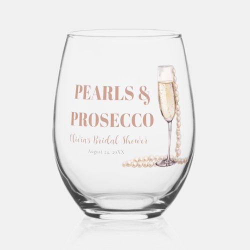 Elegant Gold Pearls and Prosecco Bridal Shower Stemless Wine Glass