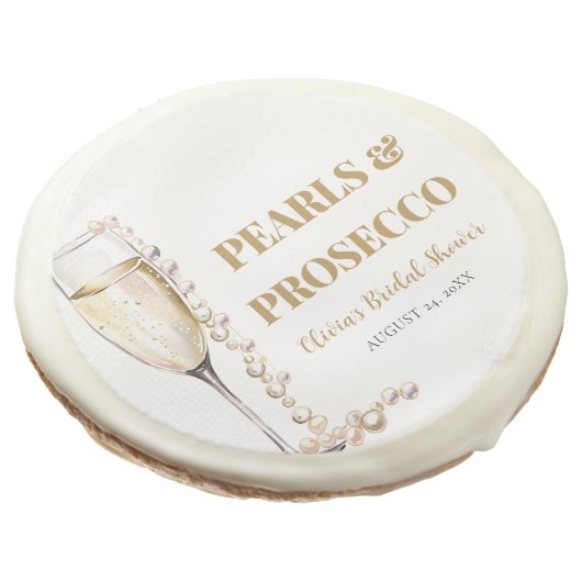 Elegant Gold Pearls and Prosecco Bridal Shower Sugar Cookie (Angled)