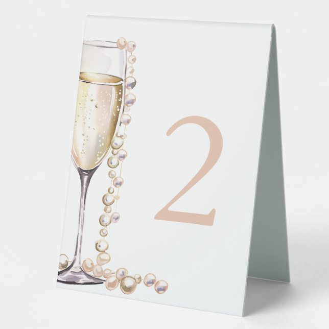 Elegant Gold Pearls and Prosecco Bridal Shower Tab Table Tent (Front)