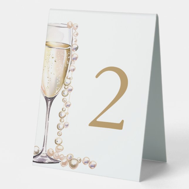 Elegant Gold Pearls and Prosecco Bridal Shower Tab Table Tent (Front)